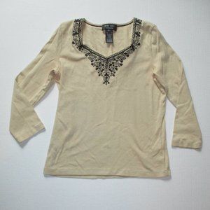 Beige Pullover Top Shirt All Cotton S Nine West Tunic Black Embroidered Neck